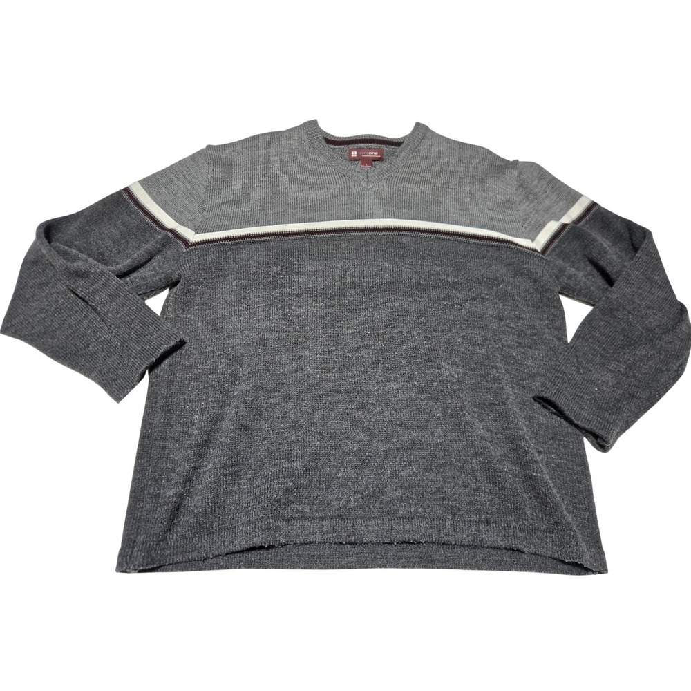 Y2K transnine Gray‎ V Neck Long Sleeve Sweater Mens L Acrylic Striped